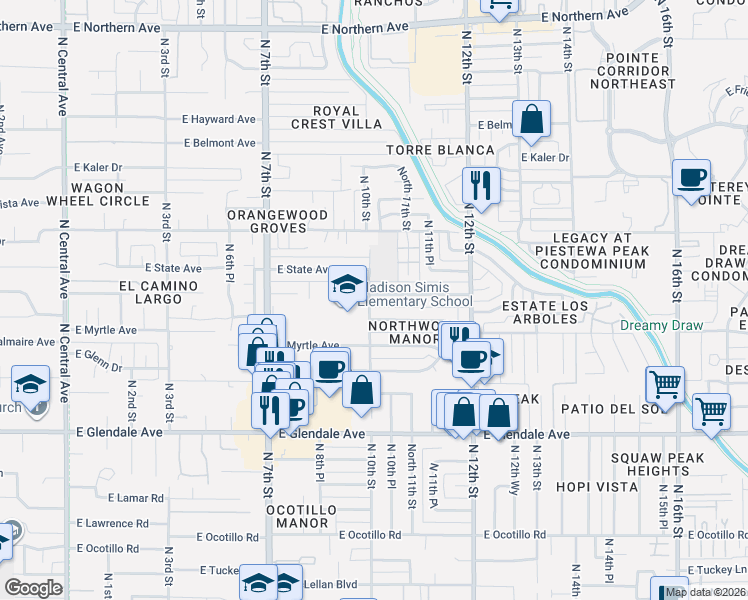 map of restaurants, bars, coffee shops, grocery stores, and more near 1001 East Northview Avenue in Phoenix