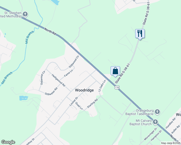 map of restaurants, bars, coffee shops, grocery stores, and more near 123 Woodridge Lane in Orangeburg