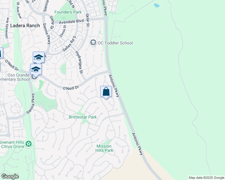 map of restaurants, bars, coffee shops, grocery stores, and more near 18 Elissa Lane in Ladera Ranch