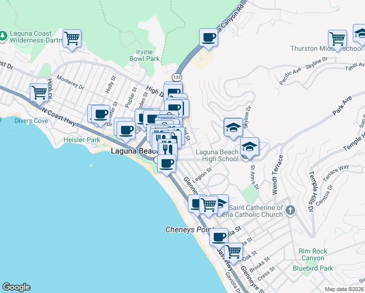 map of restaurants, bars, coffee shops, grocery stores, and more near 424 3rd Street in Laguna Beach
