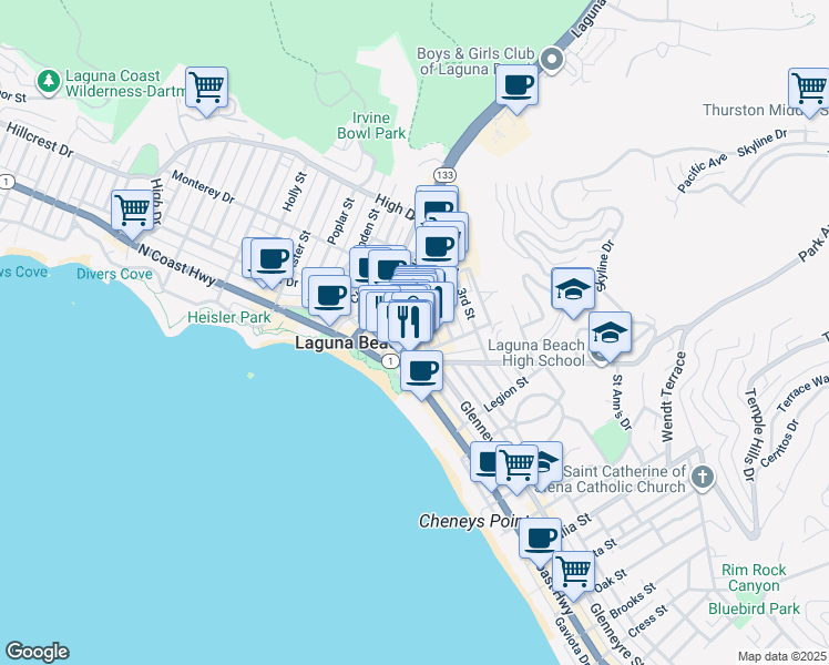 map of restaurants, bars, coffee shops, grocery stores, and more near 260 Forest Avenue in Laguna Beach