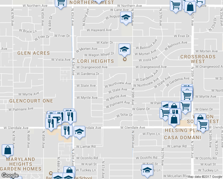 map of restaurants, bars, coffee shops, grocery stores, and more near 4026 West State Avenue in Phoenix