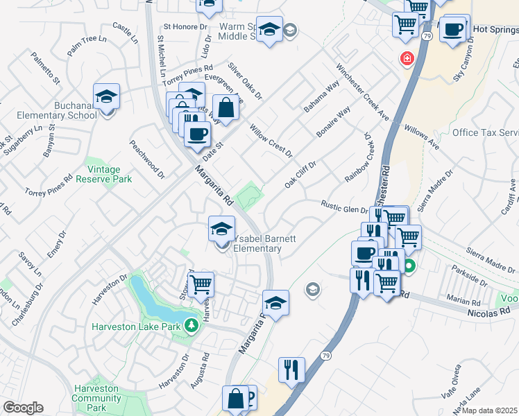 map of restaurants, bars, coffee shops, grocery stores, and more near 27026 Ravenhill Court in Temecula