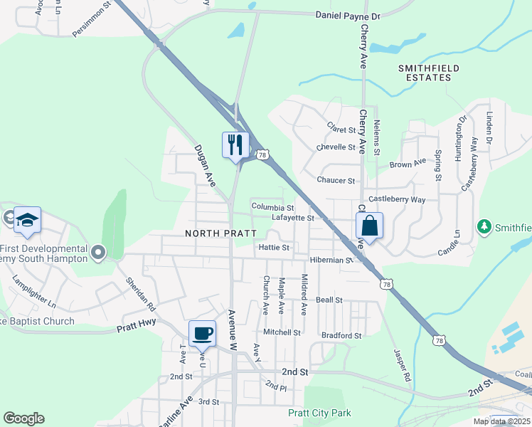 map of restaurants, bars, coffee shops, grocery stores, and more near 1140 Lafayette Street in Birmingham