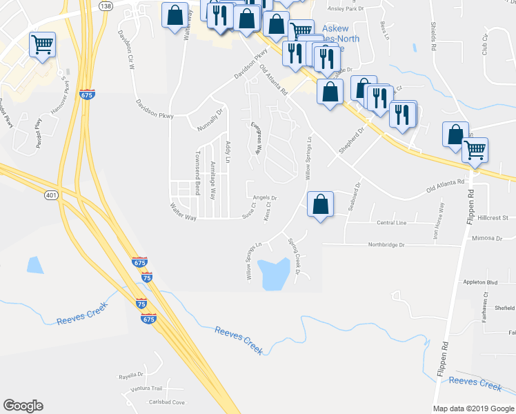 map of restaurants, bars, coffee shops, grocery stores, and more near 3528 Susie Court in Stockbridge