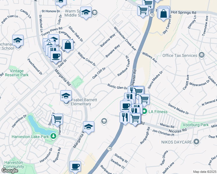 map of restaurants, bars, coffee shops, grocery stores, and more near 39634 Rustic Glen Drive in Temecula