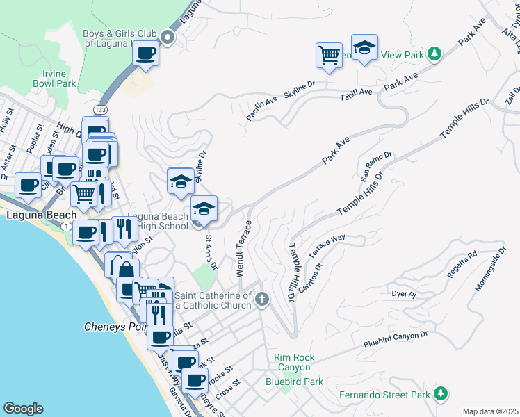 map of restaurants, bars, coffee shops, grocery stores, and more near 547 Temple Hills Drive in Laguna Beach