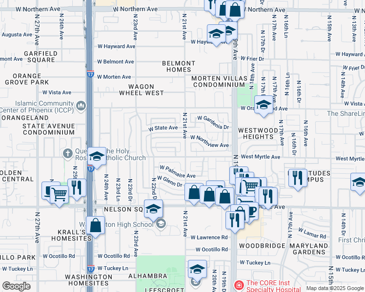 map of restaurants, bars, coffee shops, grocery stores, and more near 7220 North 21st Avenue in Phoenix