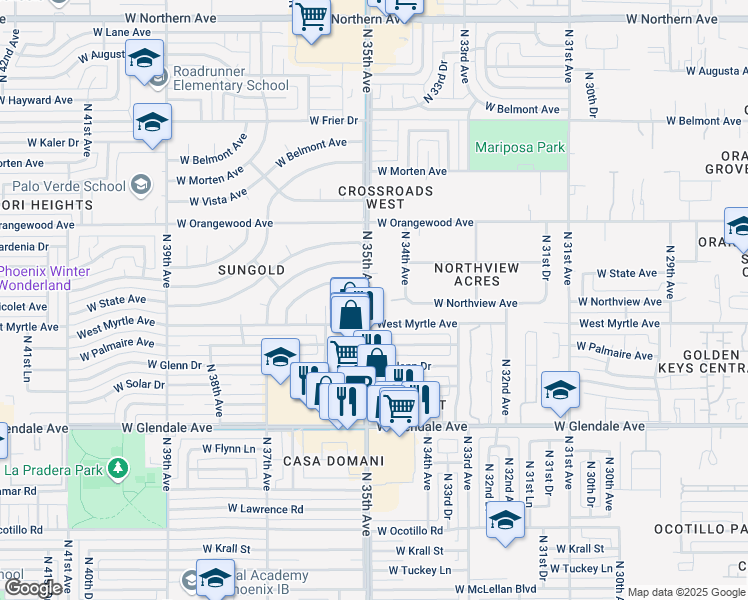 map of restaurants, bars, coffee shops, grocery stores, and more near 7219 North 35th Avenue in Phoenix