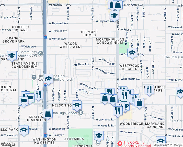 map of restaurants, bars, coffee shops, grocery stores, and more near 7220 North 21st Avenue in Phoenix
