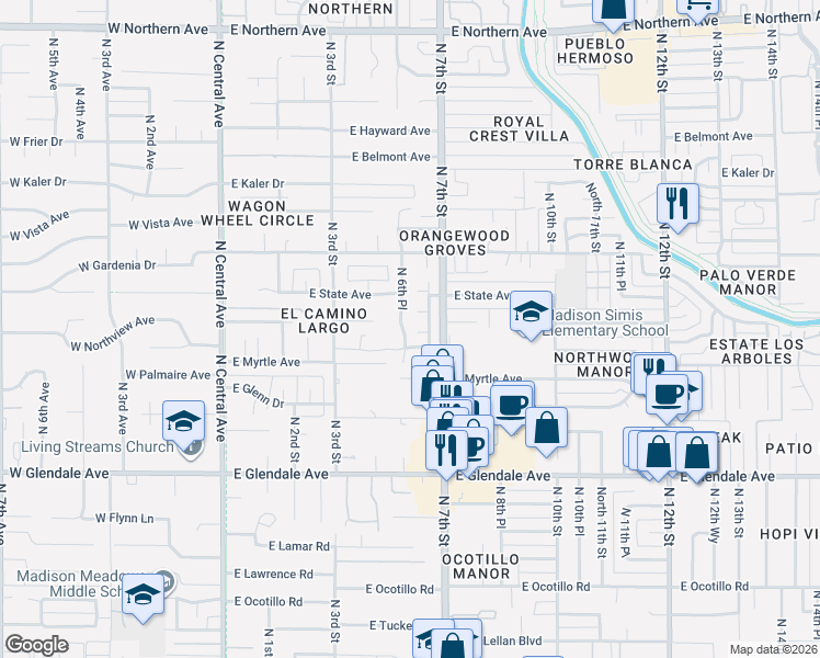 map of restaurants, bars, coffee shops, grocery stores, and more near 7231 North 6th Place in Phoenix