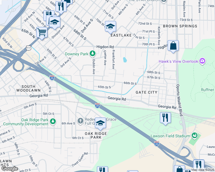 map of restaurants, bars, coffee shops, grocery stores, and more near 6908 65th Street South in Birmingham