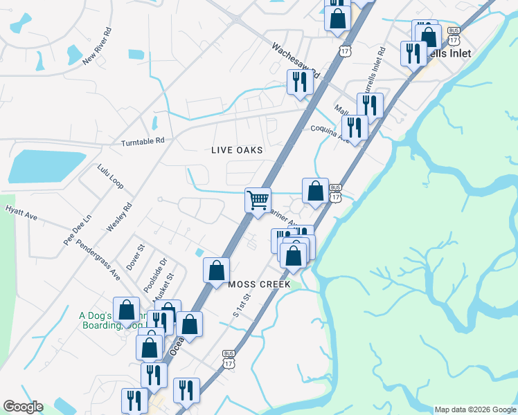 map of restaurants, bars, coffee shops, grocery stores, and more near 4861 U.S. 17 in Murrells Inlet