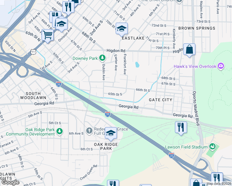 map of restaurants, bars, coffee shops, grocery stores, and more near 6908 65th Street South in Birmingham