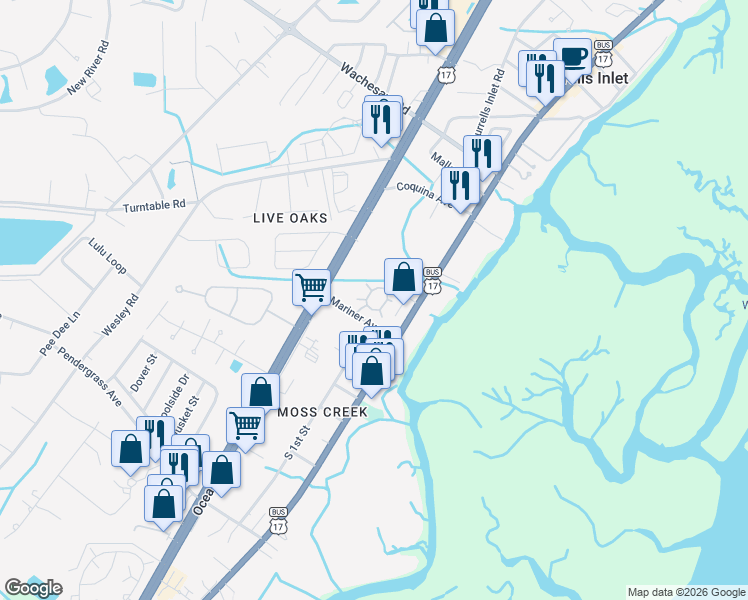 map of restaurants, bars, coffee shops, grocery stores, and more near 41 Moss Creek Loop in Murrells Inlet