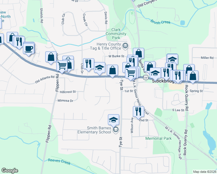 map of restaurants, bars, coffee shops, grocery stores, and more near 501 McCain Creek Trail in Stockbridge