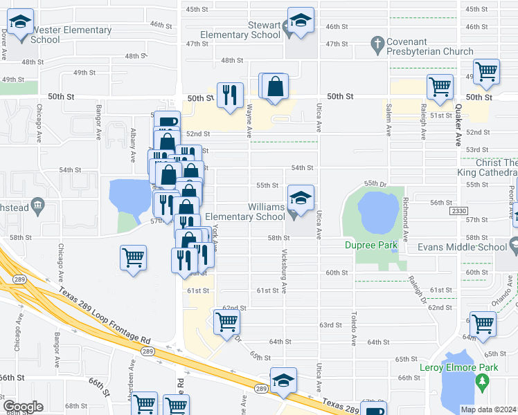 map of restaurants, bars, coffee shops, grocery stores, and more near 4915 56th Street in Lubbock