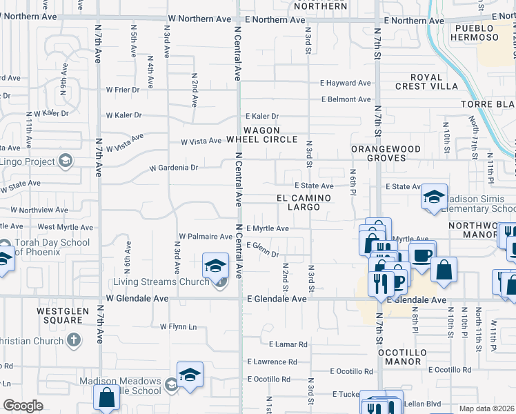 map of restaurants, bars, coffee shops, grocery stores, and more near 19 East Northview Avenue in Phoenix