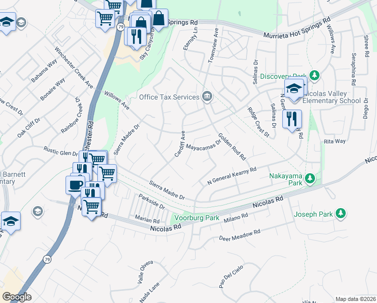 map of restaurants, bars, coffee shops, grocery stores, and more near 39563 Freemark Abbey in Murrieta