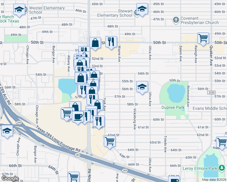 map of restaurants, bars, coffee shops, grocery stores, and more near 5007 56th Street in Lubbock