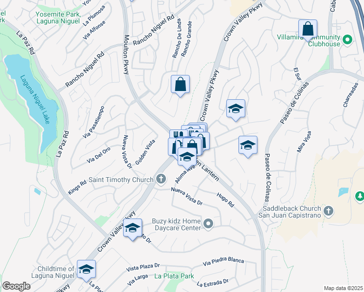 map of restaurants, bars, coffee shops, grocery stores, and more near Crown Valley Parkway & Moulton Parkway in Laguna Niguel