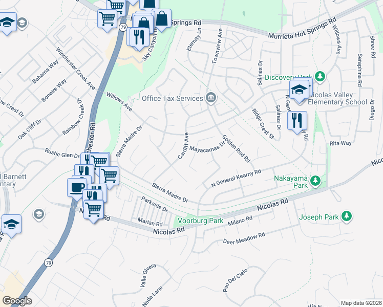 map of restaurants, bars, coffee shops, grocery stores, and more near 39563 Freemark Abbey in Murrieta