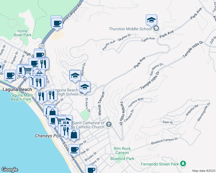 map of restaurants, bars, coffee shops, grocery stores, and more near 547 Temple Hills Drive in Laguna Beach