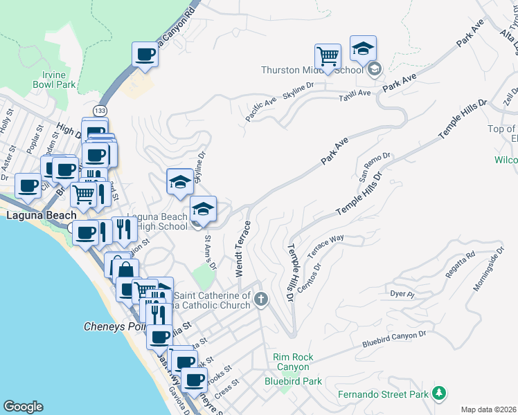 map of restaurants, bars, coffee shops, grocery stores, and more near 945 Park Avenue in Laguna Beach