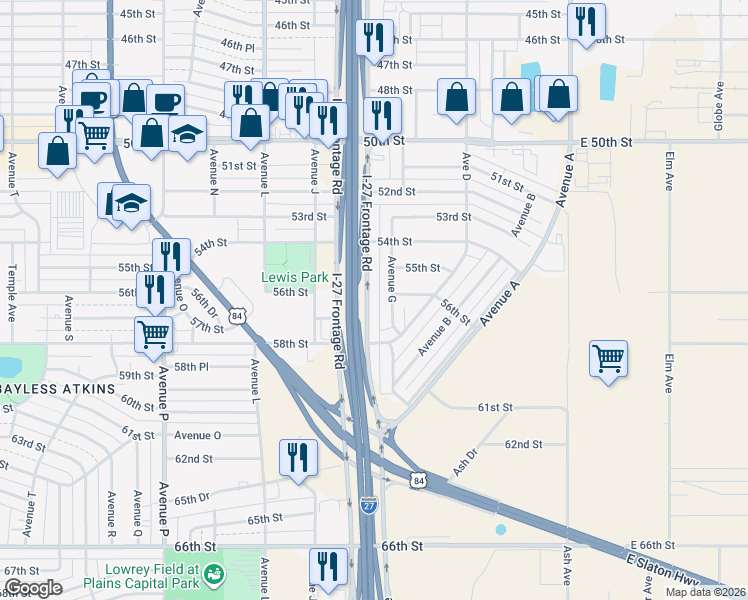 map of restaurants, bars, coffee shops, grocery stores, and more near 5427 Interstate 27 in Lubbock
