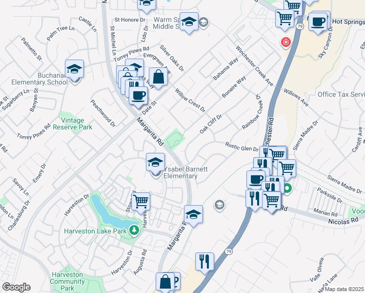 map of restaurants, bars, coffee shops, grocery stores, and more near 27026 Ravenhill Court in Temecula