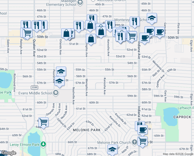 map of restaurants, bars, coffee shops, grocery stores, and more near 3627 56th Street in Lubbock