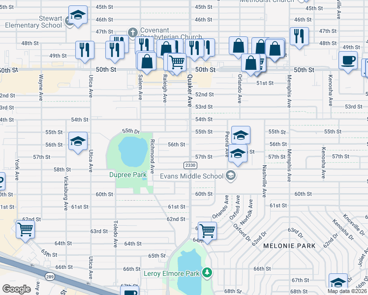 map of restaurants, bars, coffee shops, grocery stores, and more near 4401 56th Street in Lubbock