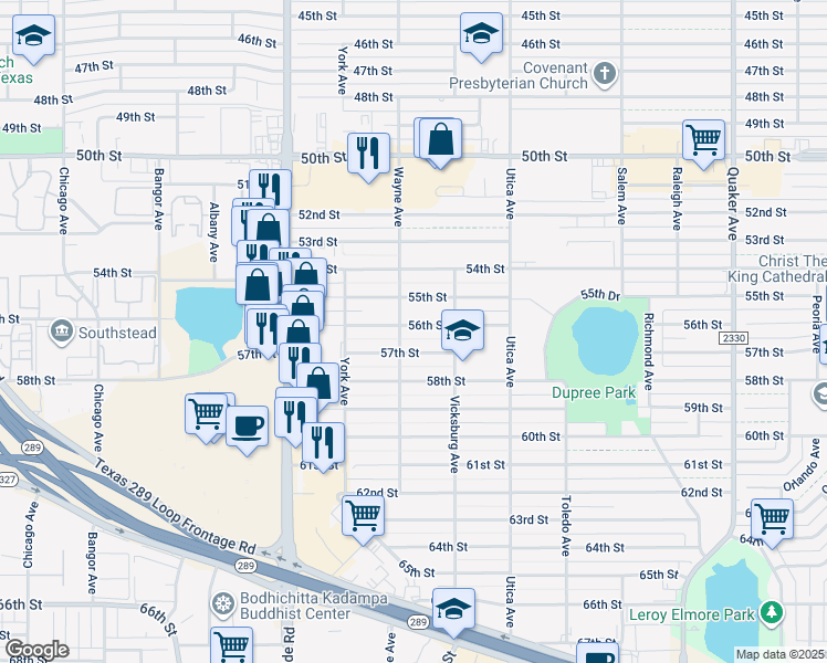 map of restaurants, bars, coffee shops, grocery stores, and more near 4915 56th Street in Lubbock