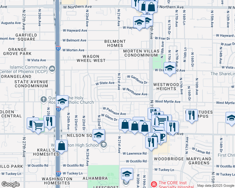 map of restaurants, bars, coffee shops, grocery stores, and more near 7220 North 21st Avenue in Phoenix