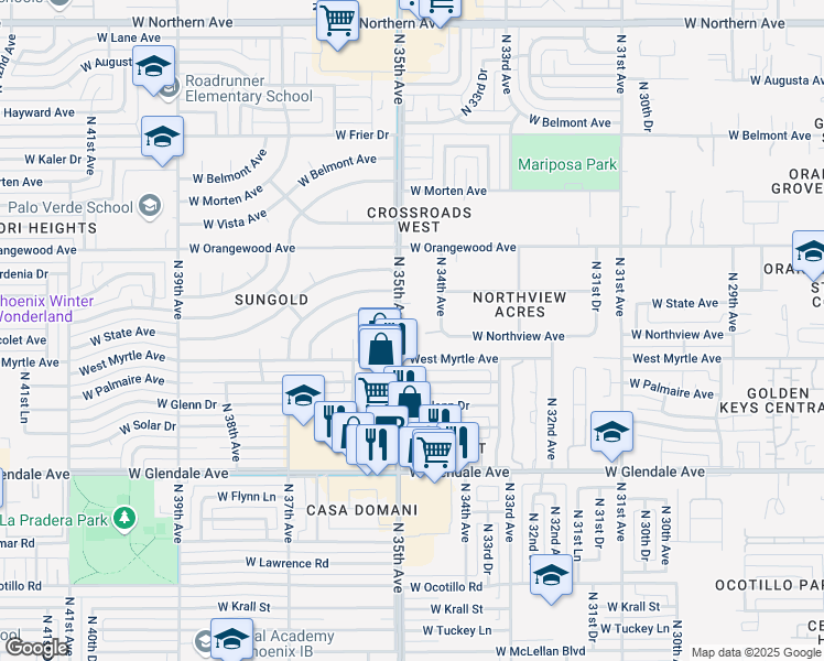 map of restaurants, bars, coffee shops, grocery stores, and more near 7219 North 35th Avenue in Phoenix