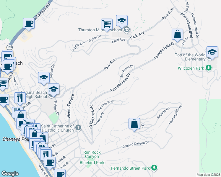 map of restaurants, bars, coffee shops, grocery stores, and more near 1875 Temple Hills Drive in Laguna Beach