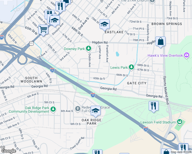 map of restaurants, bars, coffee shops, grocery stores, and more near 6908 65th Street South in Birmingham