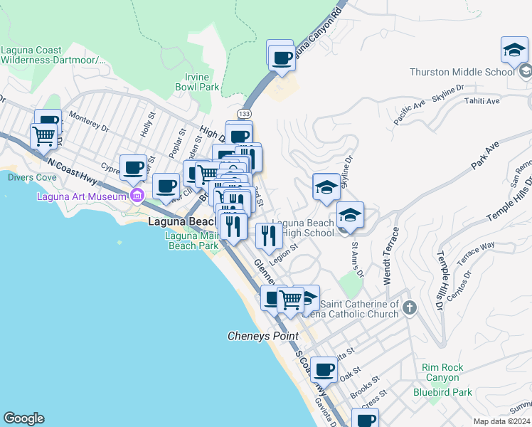 map of restaurants, bars, coffee shops, grocery stores, and more near 404 3rd Street in Laguna Beach