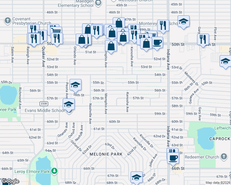 map of restaurants, bars, coffee shops, grocery stores, and more near 3627 56th Street in Lubbock