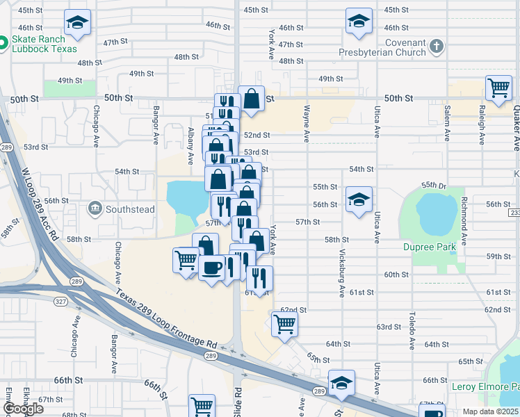 map of restaurants, bars, coffee shops, grocery stores, and more near 5105 56th Street in Lubbock