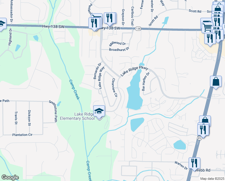 map of restaurants, bars, coffee shops, grocery stores, and more near 8132 Clearview Circle in Riverdale