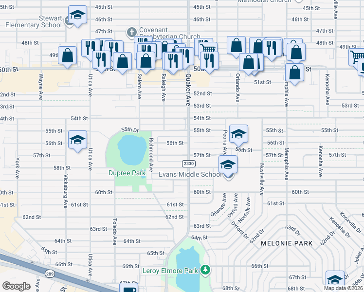 map of restaurants, bars, coffee shops, grocery stores, and more near 4401 56th Street in Lubbock