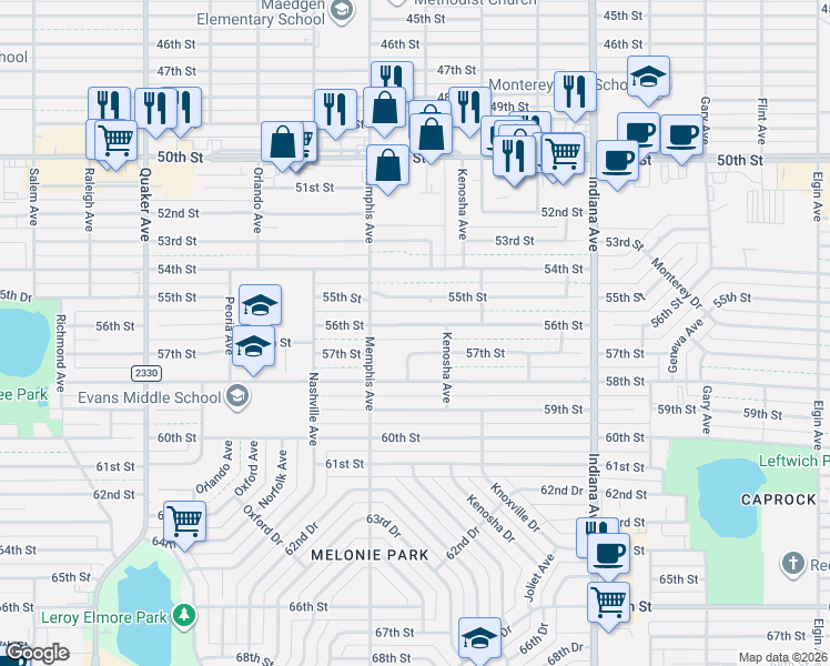 map of restaurants, bars, coffee shops, grocery stores, and more near 3627 56th Street in Lubbock