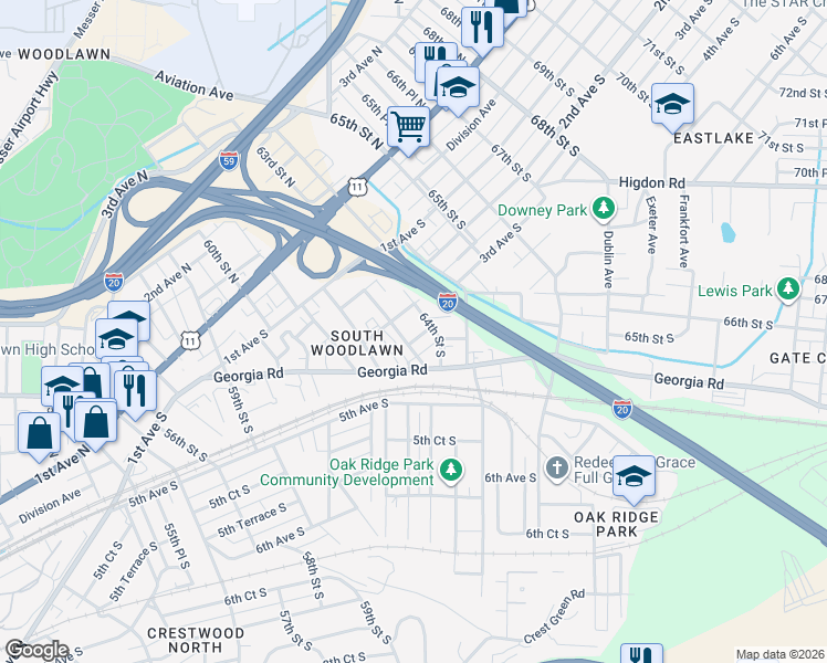 map of restaurants, bars, coffee shops, grocery stores, and more near 6308 3rd Court South in Birmingham