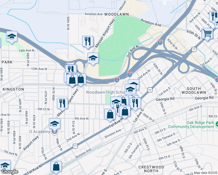 map of restaurants, bars, coffee shops, grocery stores, and more near 5319 Richard Arrington Junior Boulevard North in Birmingham
