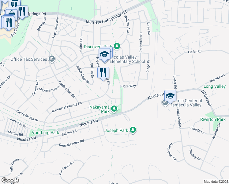 map of restaurants, bars, coffee shops, grocery stores, and more near 39795 Payton Court in Murrieta