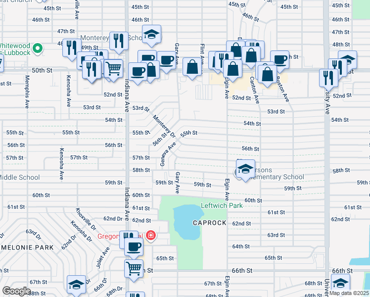 map of restaurants, bars, coffee shops, grocery stores, and more near 3027 56th Street in Lubbock