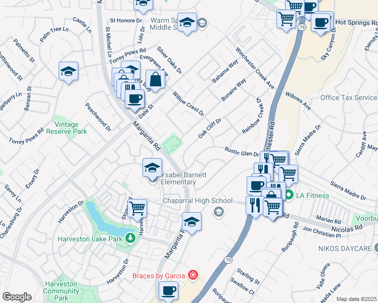 map of restaurants, bars, coffee shops, grocery stores, and more near 39768 Oak Cliff Drive in Temecula