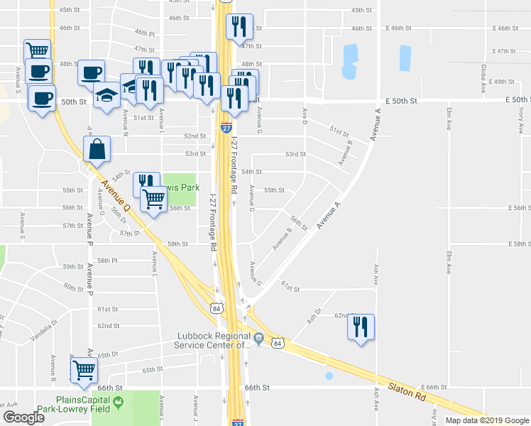 map of restaurants, bars, coffee shops, grocery stores, and more near 507 56th Street in Lubbock