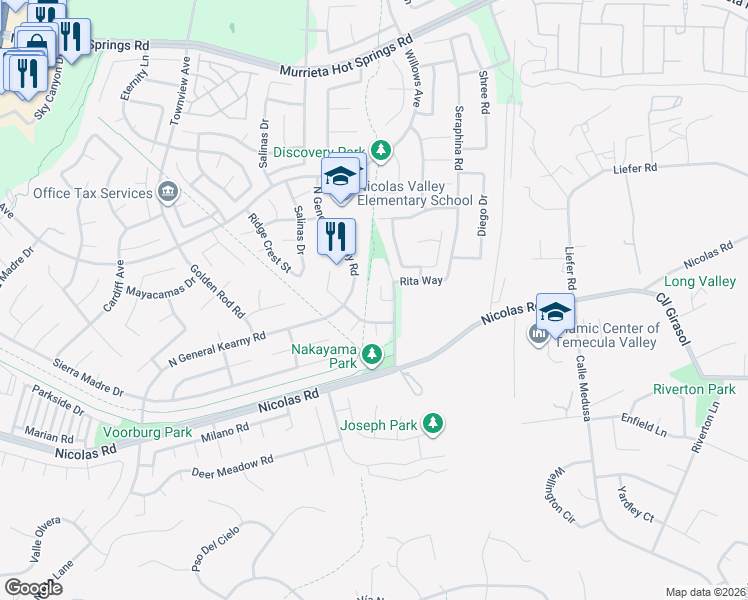 map of restaurants, bars, coffee shops, grocery stores, and more near 39795 Payton Court in Murrieta